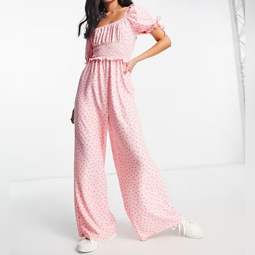 Miss Selfridge Shirred Puff Sleeve Jumpsuit Women Size 6 Spot Swiss Dots Peasant